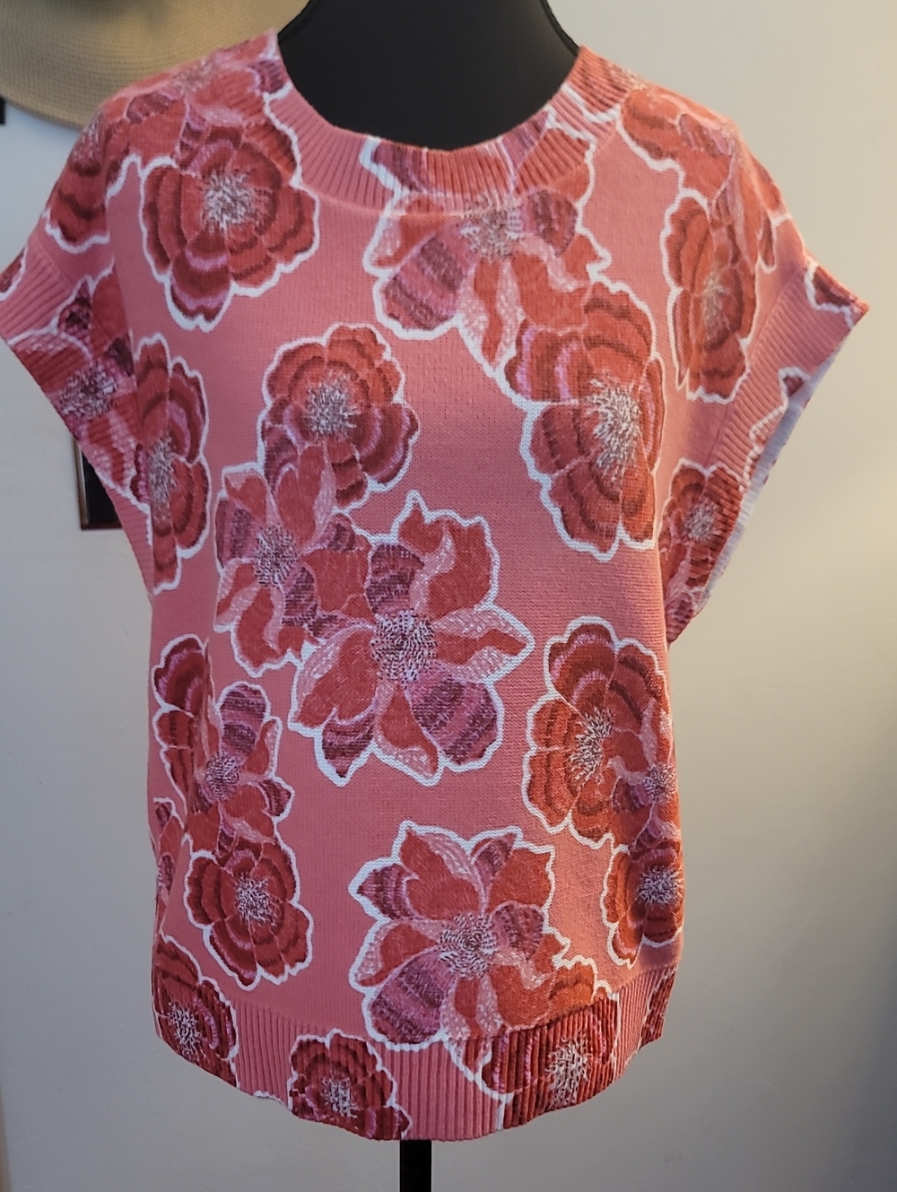 LOFT Rose Floral Short-Sleeve Knit Top - Coral Pink
